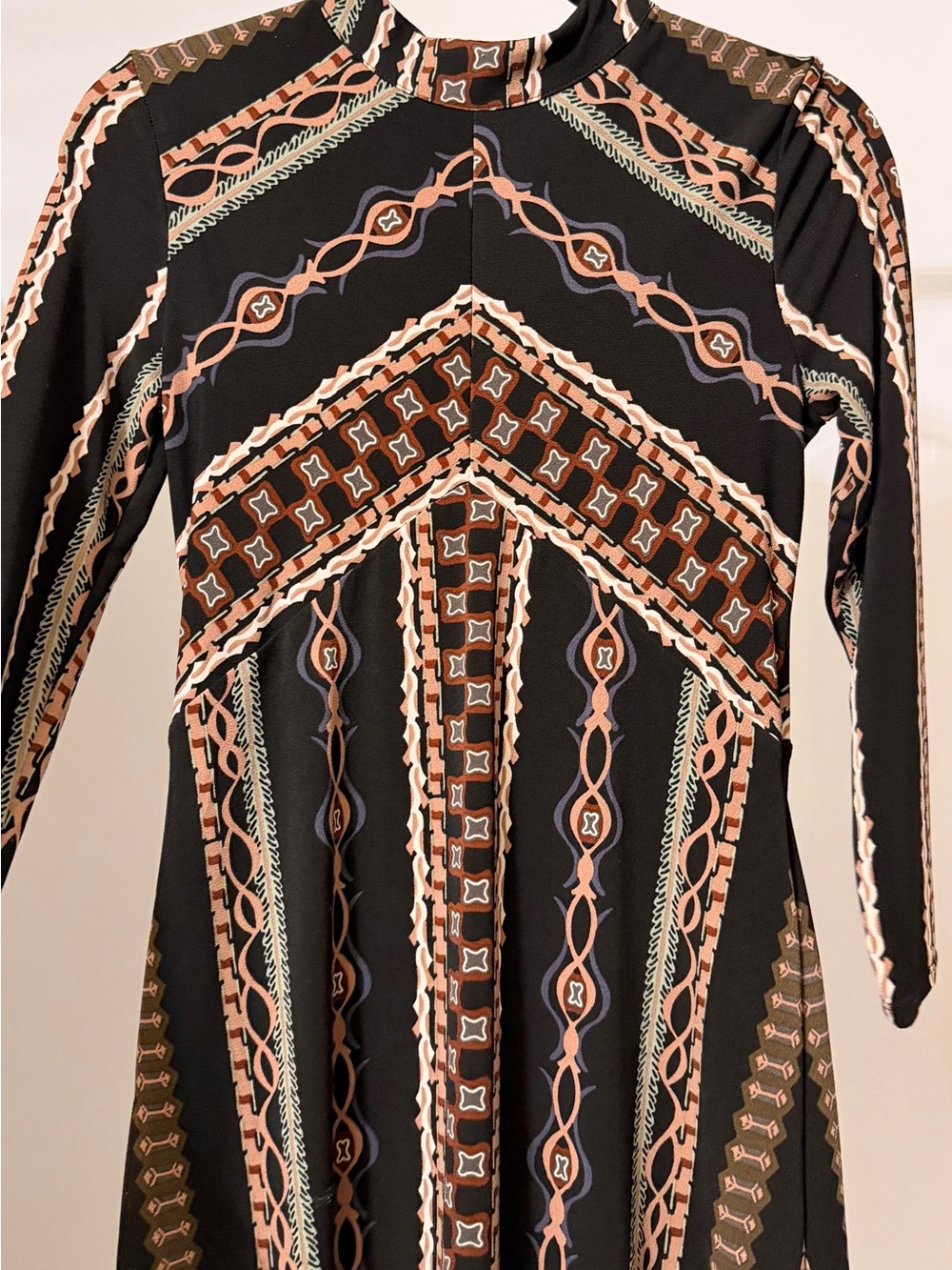 Free People Black Mini Dress with Peach, Olive, Cream & Lavender Patterns